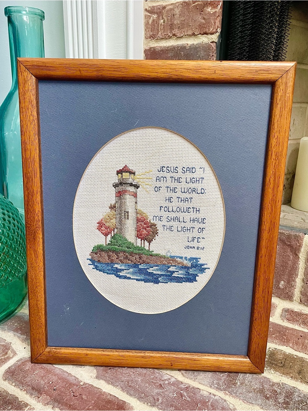 Vintage Handmade Lighthouse Cross Stitch | John 8:12 | Framed Christian Wall Art